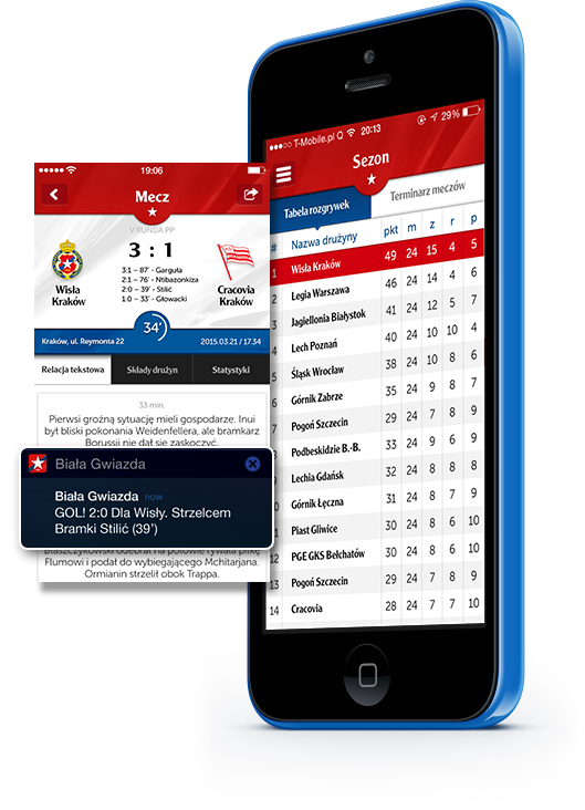 Wisła Kraków scores app screen